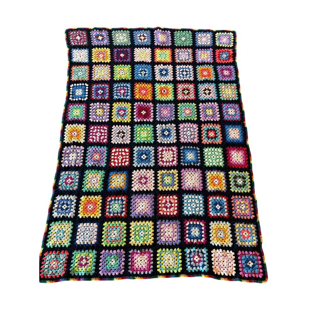 Vintage Granny Square Crochet Blanket Afghan Throw Colorful 45" x 62.5"
